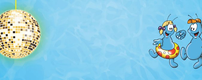 Bild mit Discokugel und tanzenden Maskottchen
